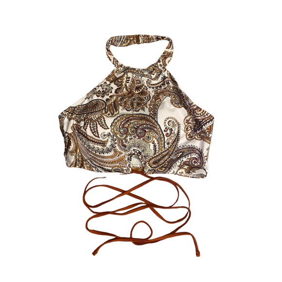 S Bandana Print Bikini Top Halter Swim Bathing Suit Swimsuit White Brown Small - Picture 2 of 5